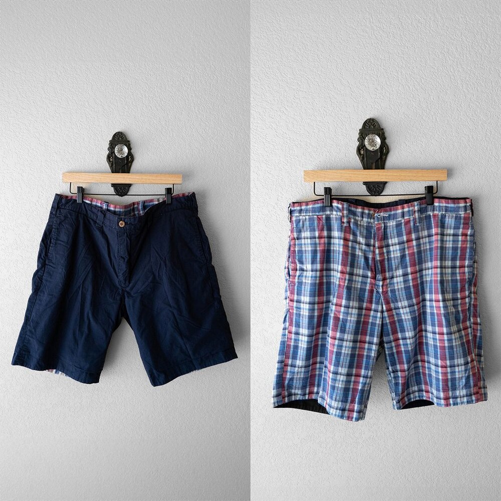 Olde School Reversible Shorts Men’s 38 | Navy & Plaid | Indian Madras Cotton